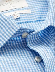 Fitted Slim Blue & White Gingham Check Non-Iron Shirt Semi Cutaway Collar