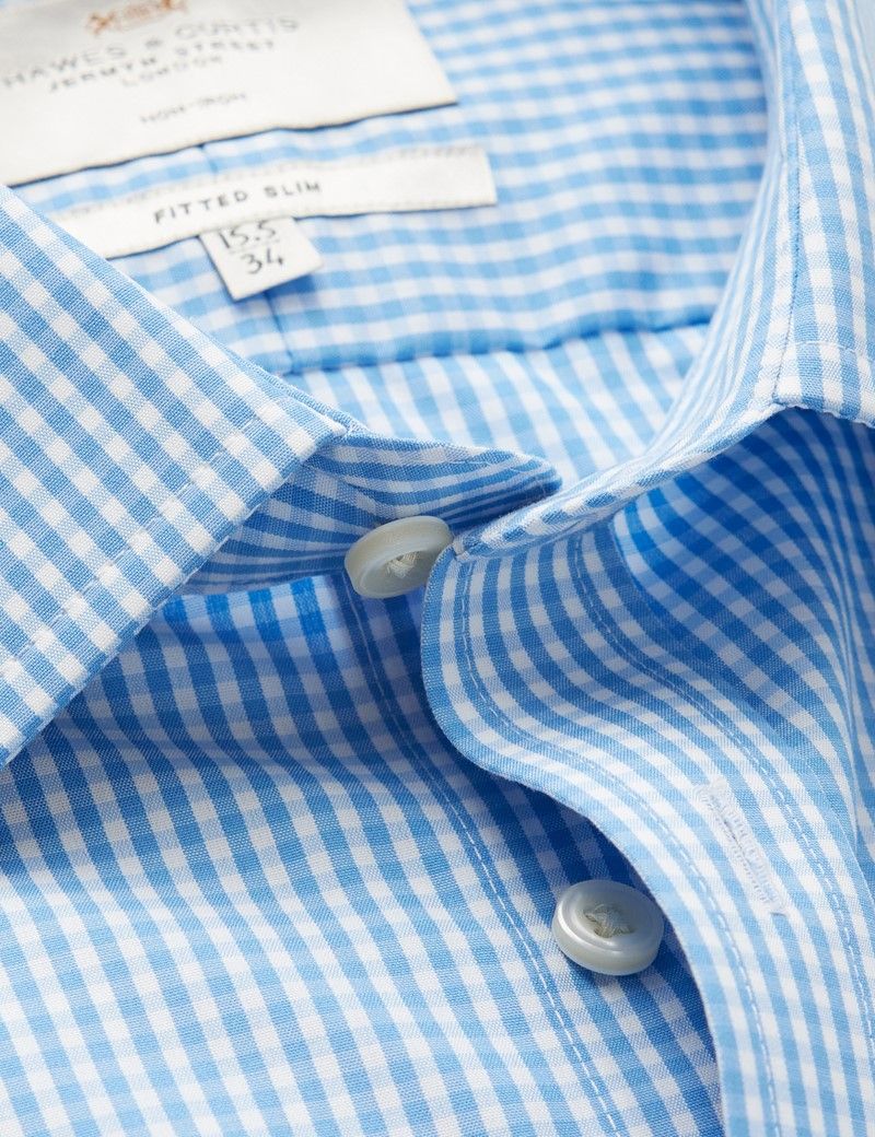 Fitted Slim Blue & White Gingham Plaid Non-Iron Shirt Semi Cutaway Collar