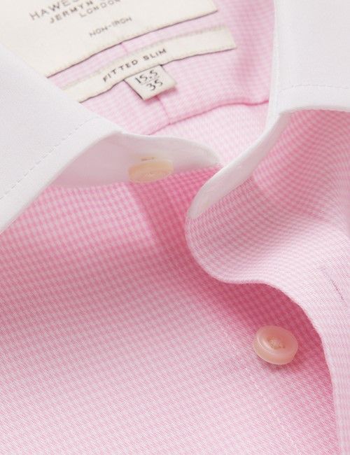 Non-Iron Pink & White Dogtooth Fitted Slim Shirt - White Collar & Cuffs