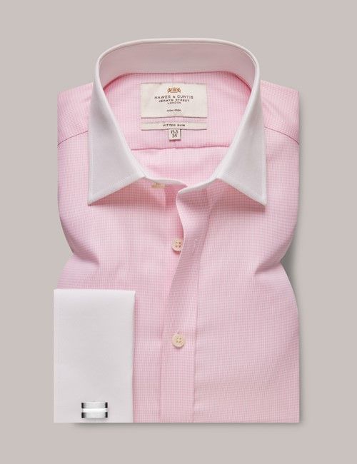 Non-Iron Pink & White Dogtooth Fitted Slim Shirt - White Collar & Cuffs-preview