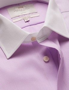 Fitted Slim Lilac & White Dogtooth Non-Iron Shirt - Contrast Detail