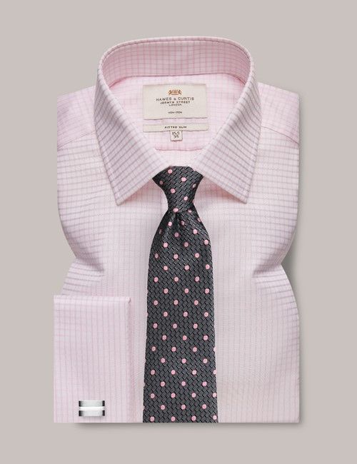 Non-Iron Pink & White Medium Check Fitted Slim Shirt - Double Cuff