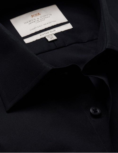Black Poplin Fitted Slim Shirt - Double Cuff