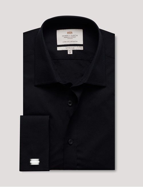 Black Poplin Fitted Slim Shirt - Double Cuff-preview