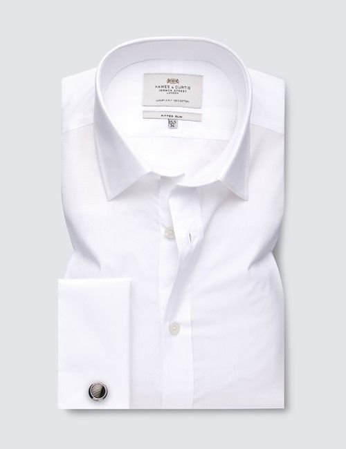 White Poplin Fitted Slim Shirt - Double Cuff