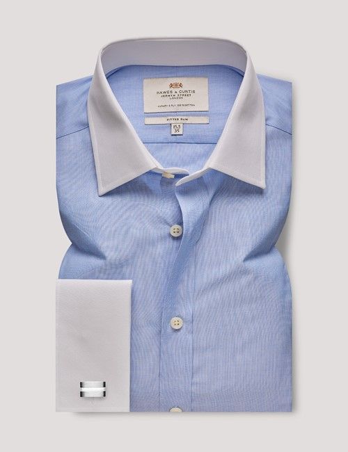 Blue End On End Fitted Slim Shirt With White Collar and Cuffs-preview