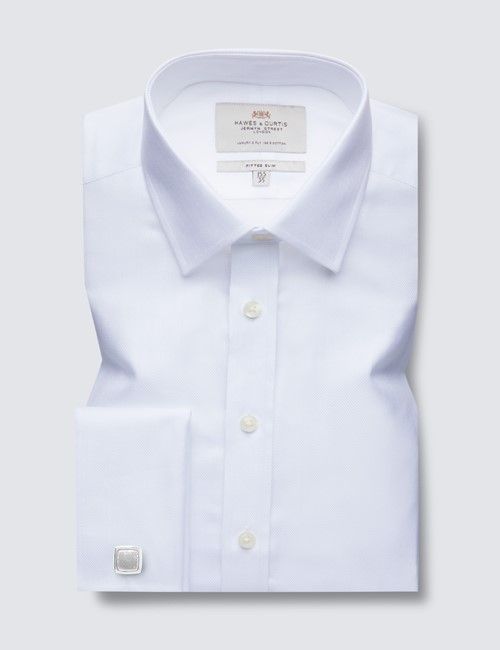 White Herringbone Fitted Slim Shirt - Double Cuff-preview