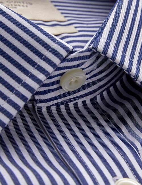 Non-Iron Navy & White Stripe Fitted Slim Shirt - Double Cuffs