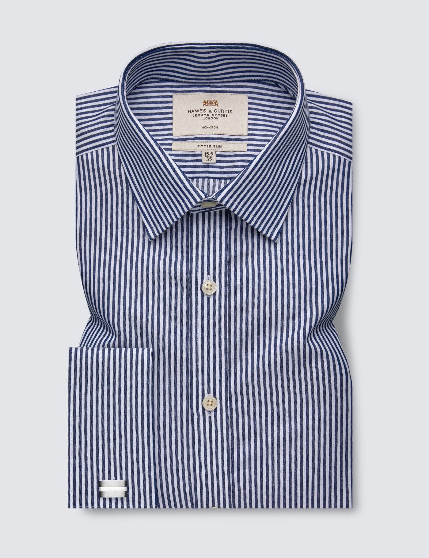 Non-Iron Navy & White Stripe Fitted Slim Shirt - French Cuffs