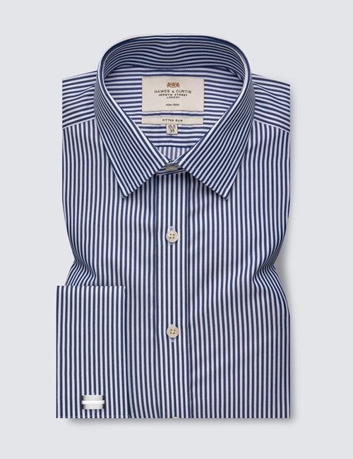 Non-Iron Navy & White Stripe Fitted Slim Shirt - Double Cuffs-preview
