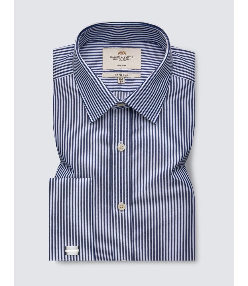 Non-Iron Navy & White Stripe Fitted Slim Shirt - Double Cuffs