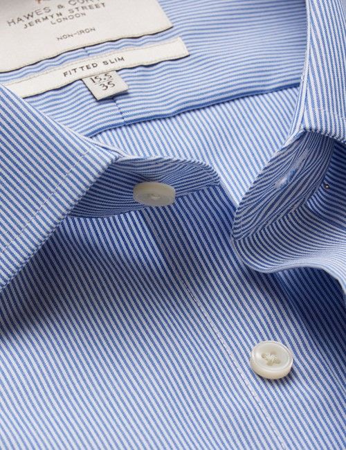 Non-Iron Blue & White Fine Stripe Fitted Slim Shirt - French Cuff