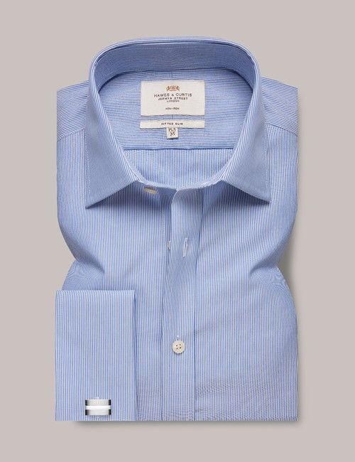 Non-Iron Blue & White Fine Stripe Fitted Slim Shirt - French Cuff-preview