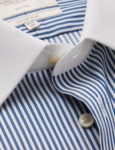 Non-Iron Navy & White Bengal Stripe Fitted Slim Shirt With White Collar - French Cuff