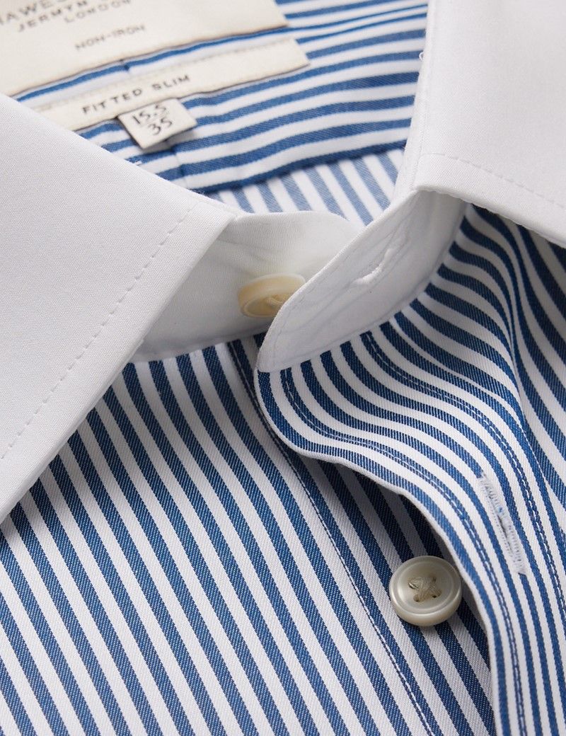 Men's Non-Iron Navy & White Bengal Stripe Fitted Slim Shirt With White  Collar - French Cuff