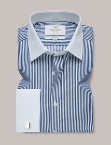 Non-Iron Navy & White Bengal Stripe Fitted Slim Shirt With White Collar - French Cuff-preview1