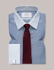Non-Iron Navy & White Bengal Stripe Fitted Slim Shirt With White Collar - French Cuff-preview2
