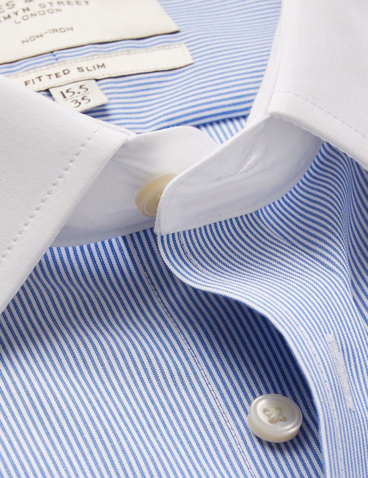 Fitted Slim Blue & White Fine Stripe Non-Iron Shirt - Contrast Detail