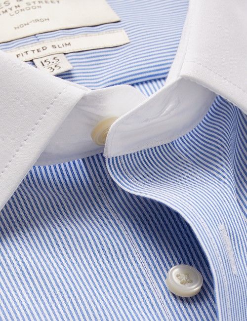 Non-Iron Blue & White Fine Stripe Fitted Slim Shirt - White Collar and Cuffs