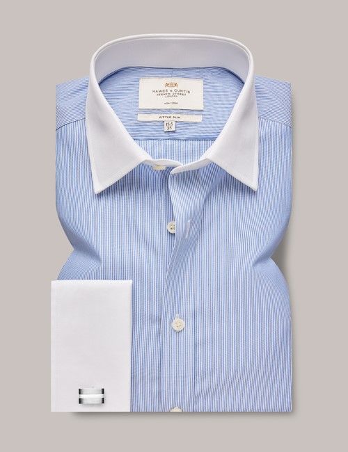 Non-Iron Blue & White Fine Stripe Fitted Slim Shirt - White Collar and Cuffs-preview