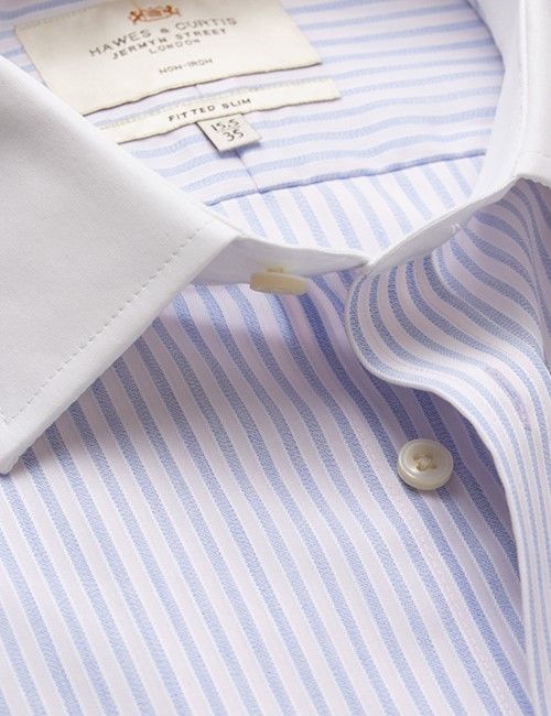 Non-Iron Blue & White Stripe Fitted Slim Shirt With White Collar and Cuffs-preview