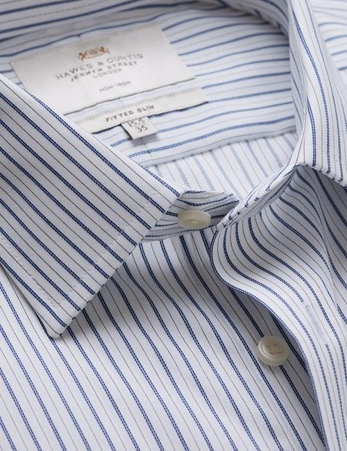 Non-Iron Navy & White Stripe Fitted Slim Fit Shirt - French Cuff