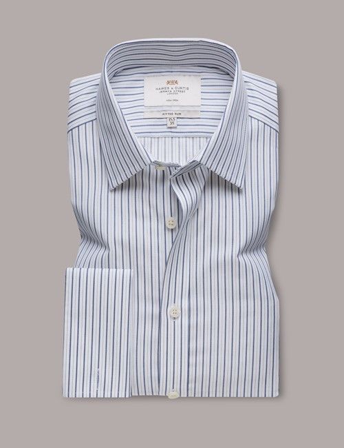 Non-Iron Navy & White Stripe Fitted Slim Fit Shirt - French Cuff-preview