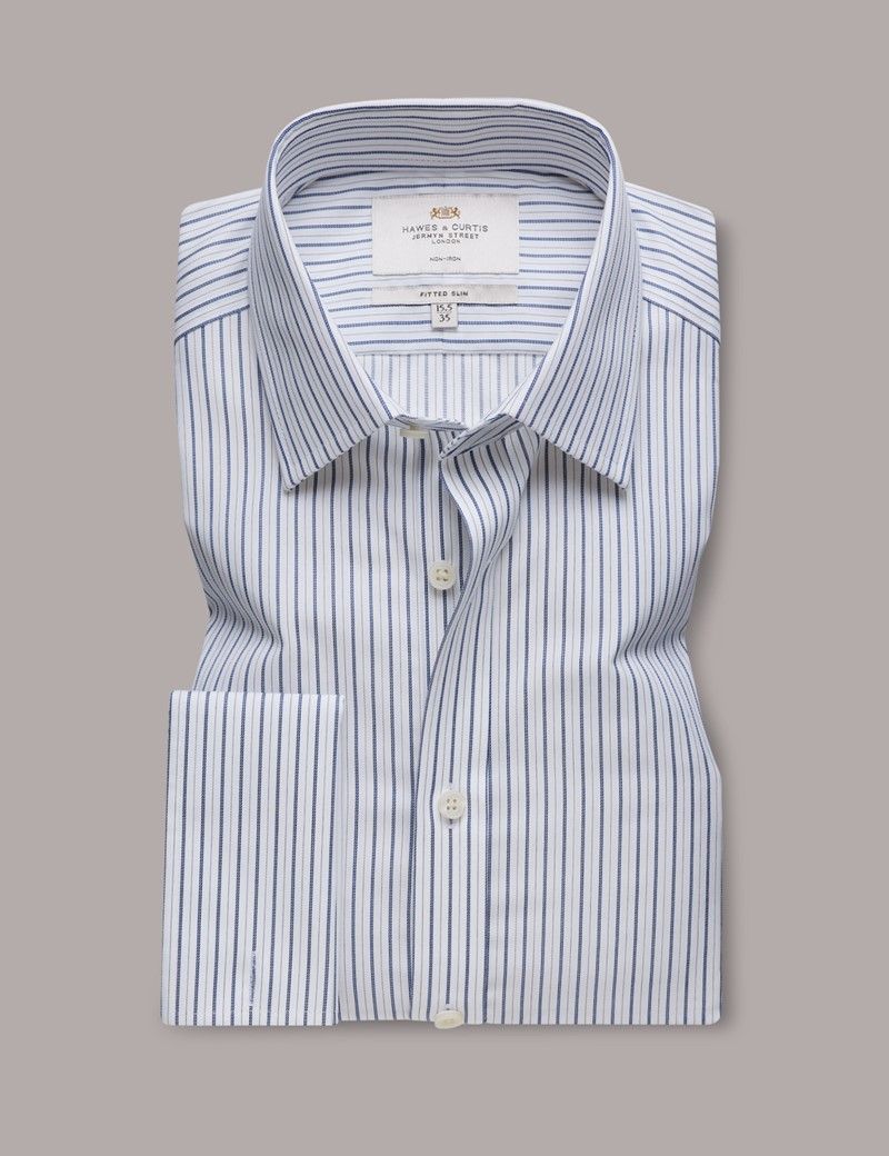 Fitted Slim Navy & White Stripe Non-Iron Shirt-preview