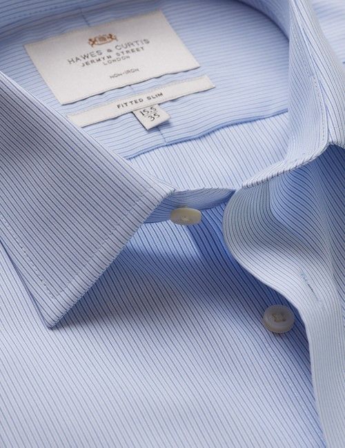 Non-Iron Blue & White Fine Stripe Fitted Slim Fit Shirt - Double Cuff