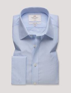 Non-Iron Blue & White Fine Stripe Fitted Slim Fit Shirt - French Cuff-preview1