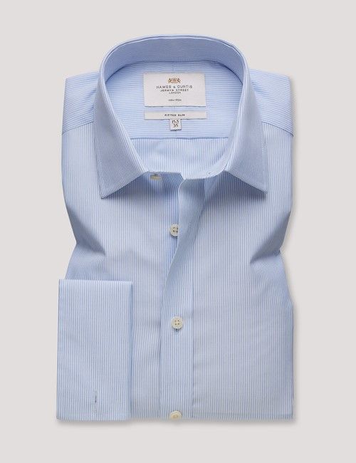 Non-Iron Blue & White Fine Stripe Fitted Slim Fit Shirt - Double Cuff-preview