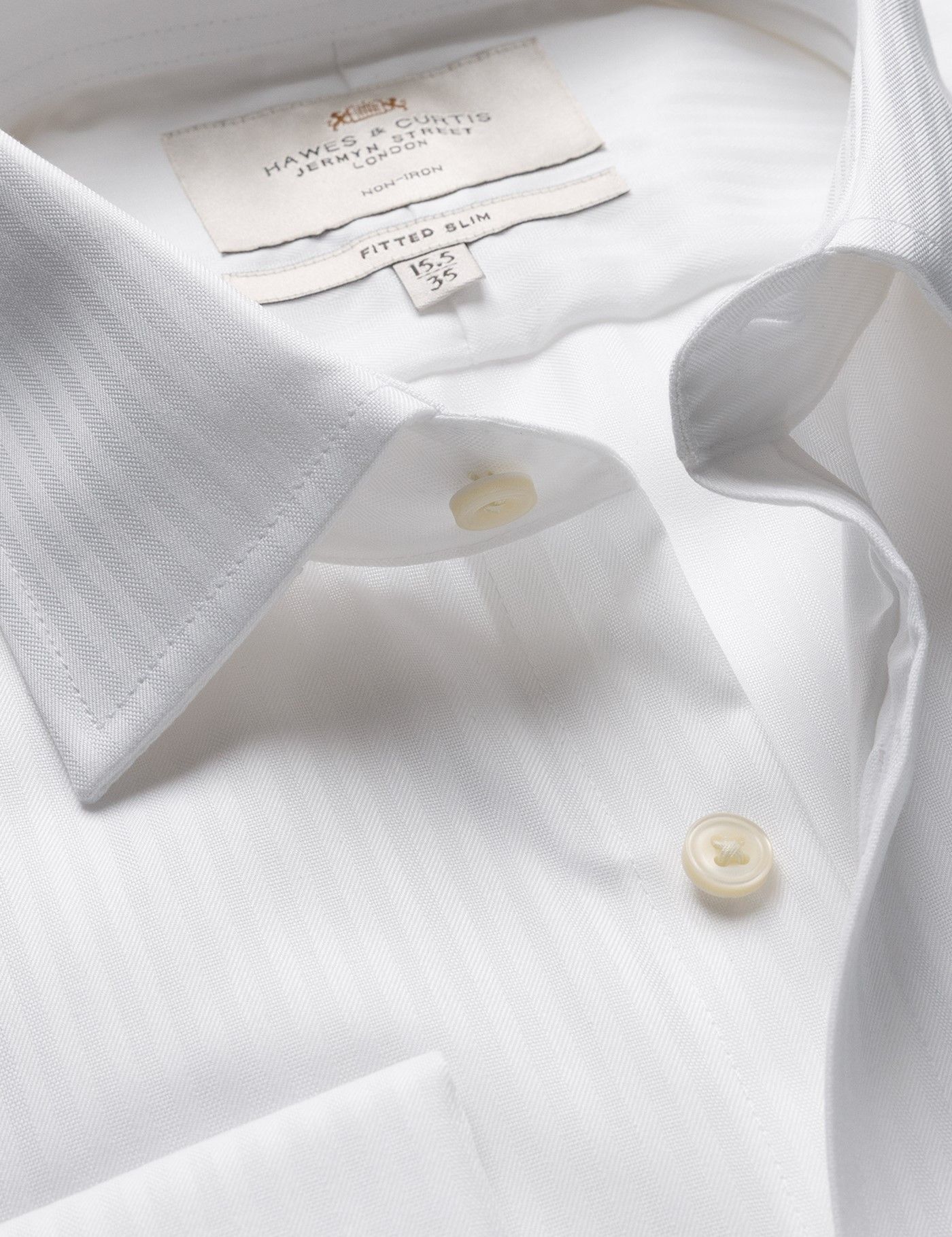 Fitted Slim White Herringbone Stripe Non-Iron Shirt