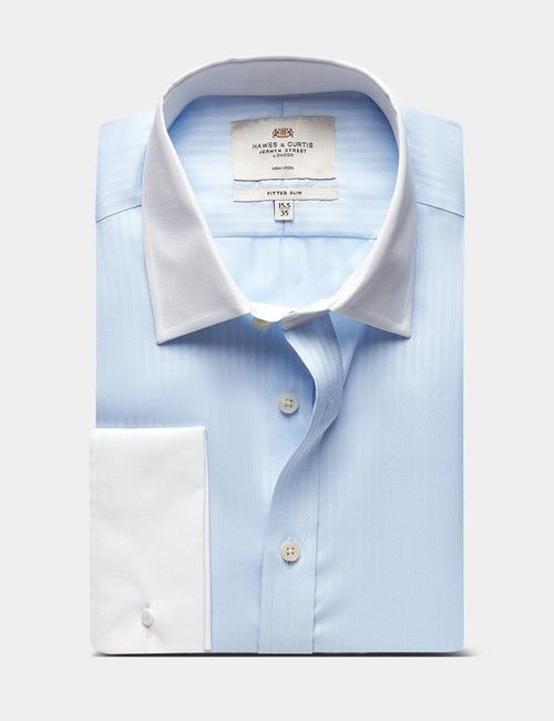 Fitted Slim Blue Herringbone Stripe Non-Iron Shirt - Contrast Detail-preview