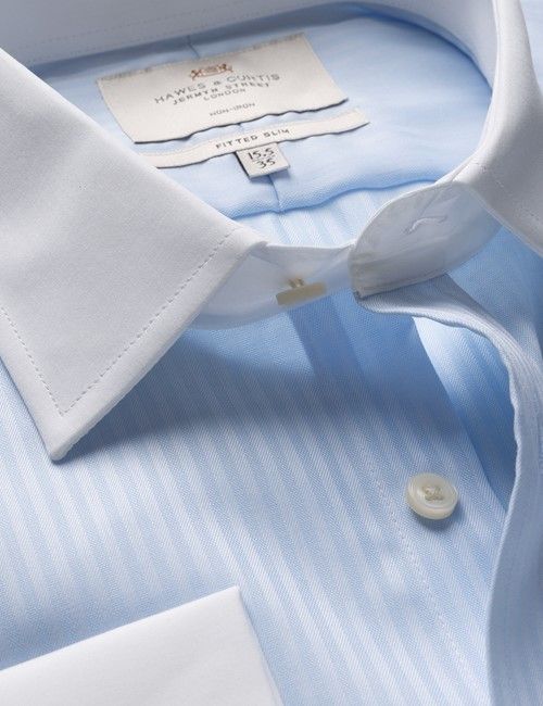 Fitted Slim Blue Herringbone Stripe Non-Iron Shirt - Contrast Detail