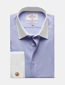 Fitted Slim Blue Herringbone Stripe Non-Iron Shirt - Contrast Detail