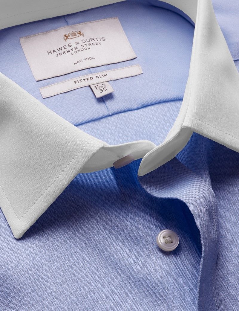Fitted Slim Blue Herringbone Stripe Non-Iron Shirt - Contrast Detail