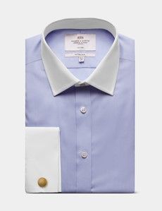 Fitted Slim Blue Herringbone Stripe Non-Iron Shirt - Contrast Detail