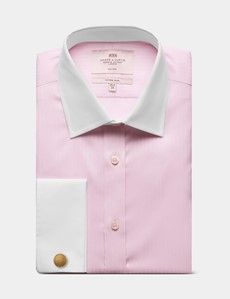 Fitted Slim Pink Herringbone Stripe Non-Iron Shirt - Contrast Detail