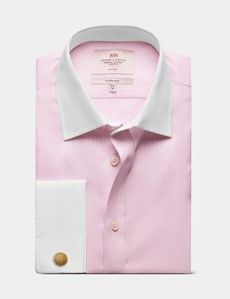 Fitted Slim Pink Herringbone Stripe Non-Iron Shirt - Contrast Detail