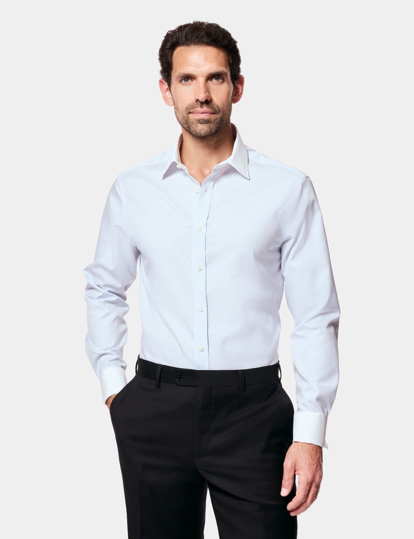 cuff dress shirts for men Men's French Shirt Stripe Slim Fit Button Long Sleeve Shirt Business Casual Formal Naturally wrinkle Shirt Cuffs - How, When