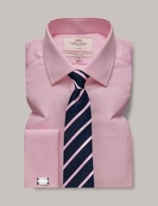 Non-Iron Pink & White Dogtooth Dobby Fitted Slim Shirt - French Cuff-preview2