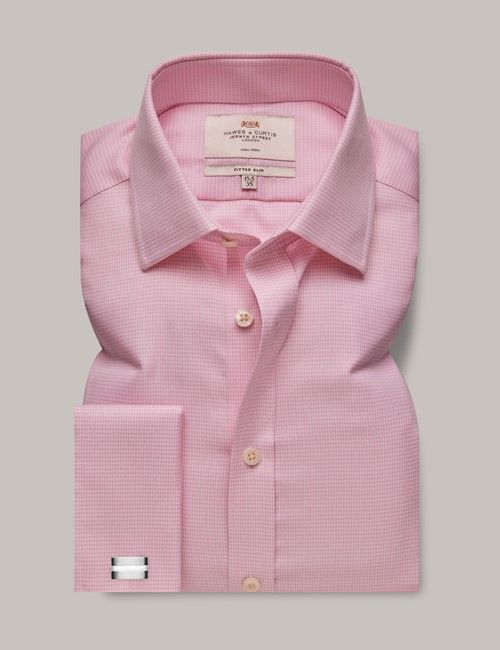 Non-Iron Pink & White Dogtooth Dobby Fitted Slim Shirt - French Cuff-preview