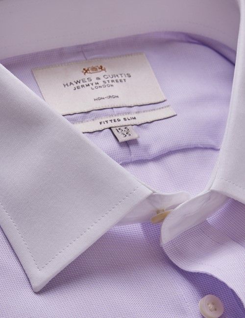 Non-Iron Lilac & White Fitted Slim Shirt With White Collar and Cuffs