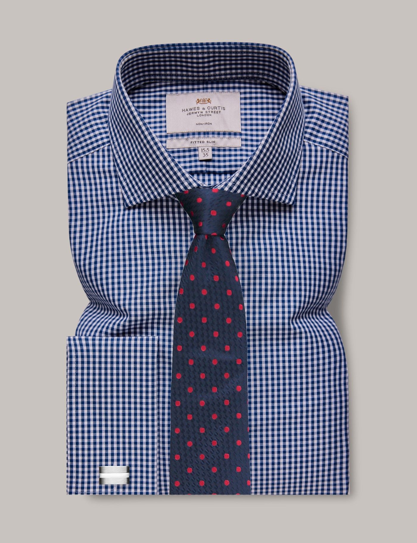 Men's Non-Iron Navy & White Gingham Check Fitted Slim Shirt - Windsor  Collar - French Cuff | Hawes & Curtis