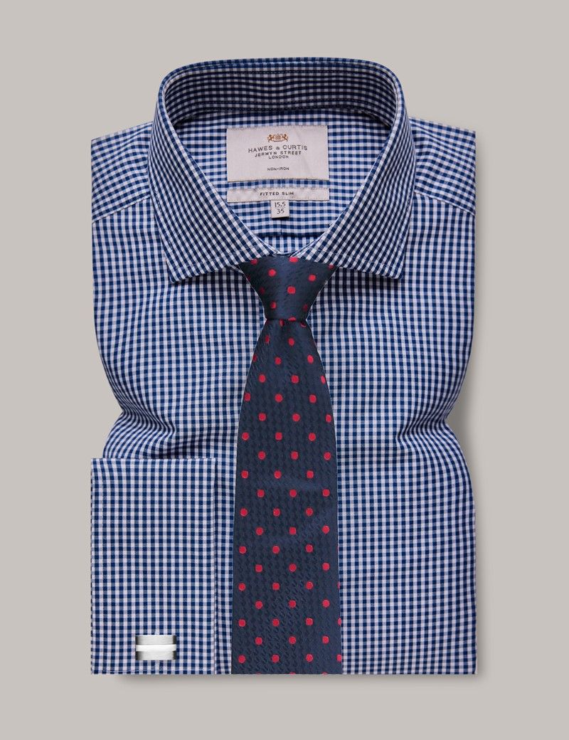 Men s Non Iron Navy White Gingham Check Fitted Slim Shirt Windsor Collar French Cuff Hawes Curtis