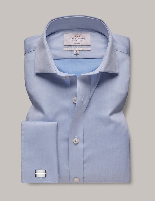 Non-Iron Blue Twill Fitted Slim Shirt - Windsor Collar - French Cuff-preview