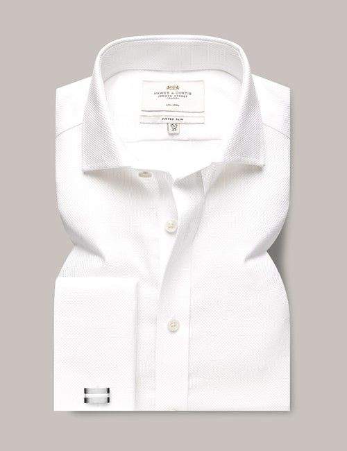 Non-Iron White Fabric Interest Fitted Slim Shirt With Windsor Collar - French Cuffs-preview