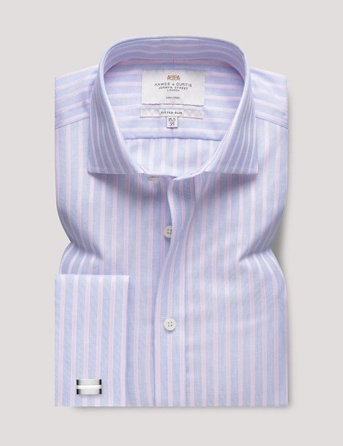 Non-Iron Blue & Pink Stripe Fitted Slim Shirt - Windsor Collar & Double Cuff-preview