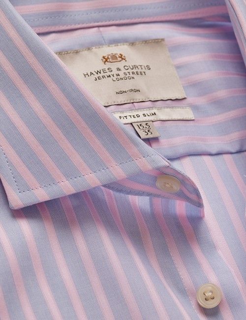 Non-Iron Blue & Pink Stripe Fitted Slim Shirt - Windsor Collar & Double Cuff