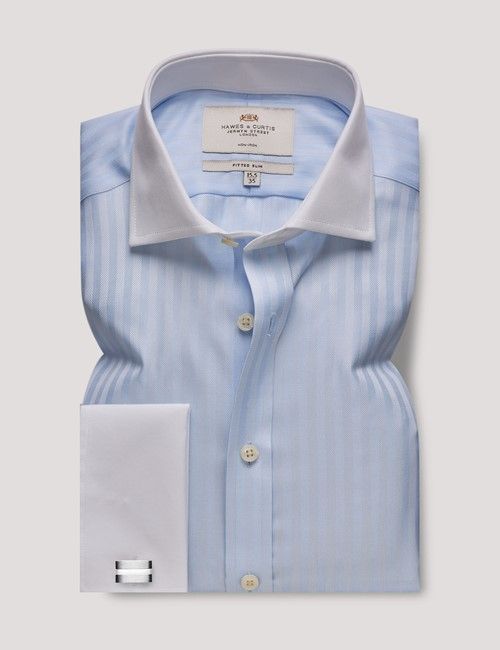 Non-Iron Blue Herringbone Stripe Fitted Slim Shirt - Windsor Collar & Double Cuff-preview